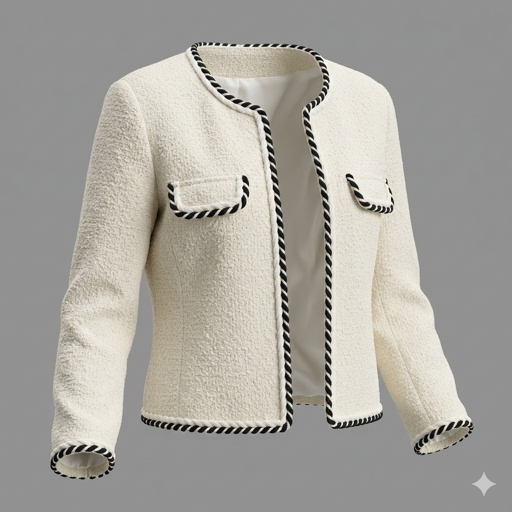 Elegant White Tweed Jacket with Black Trim